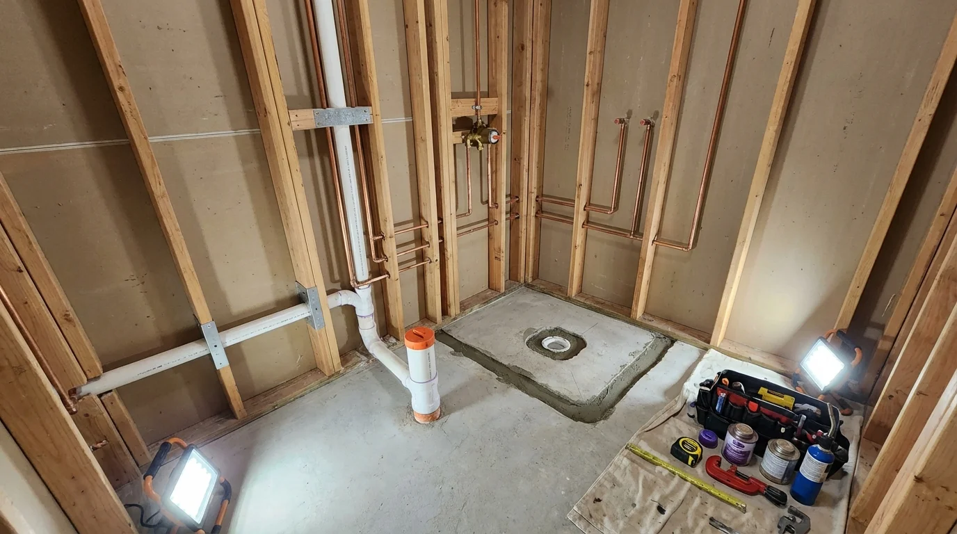 Bathroom rough-in plumbing during remodel by Johns Plumbing LLC in Cerro Gordo