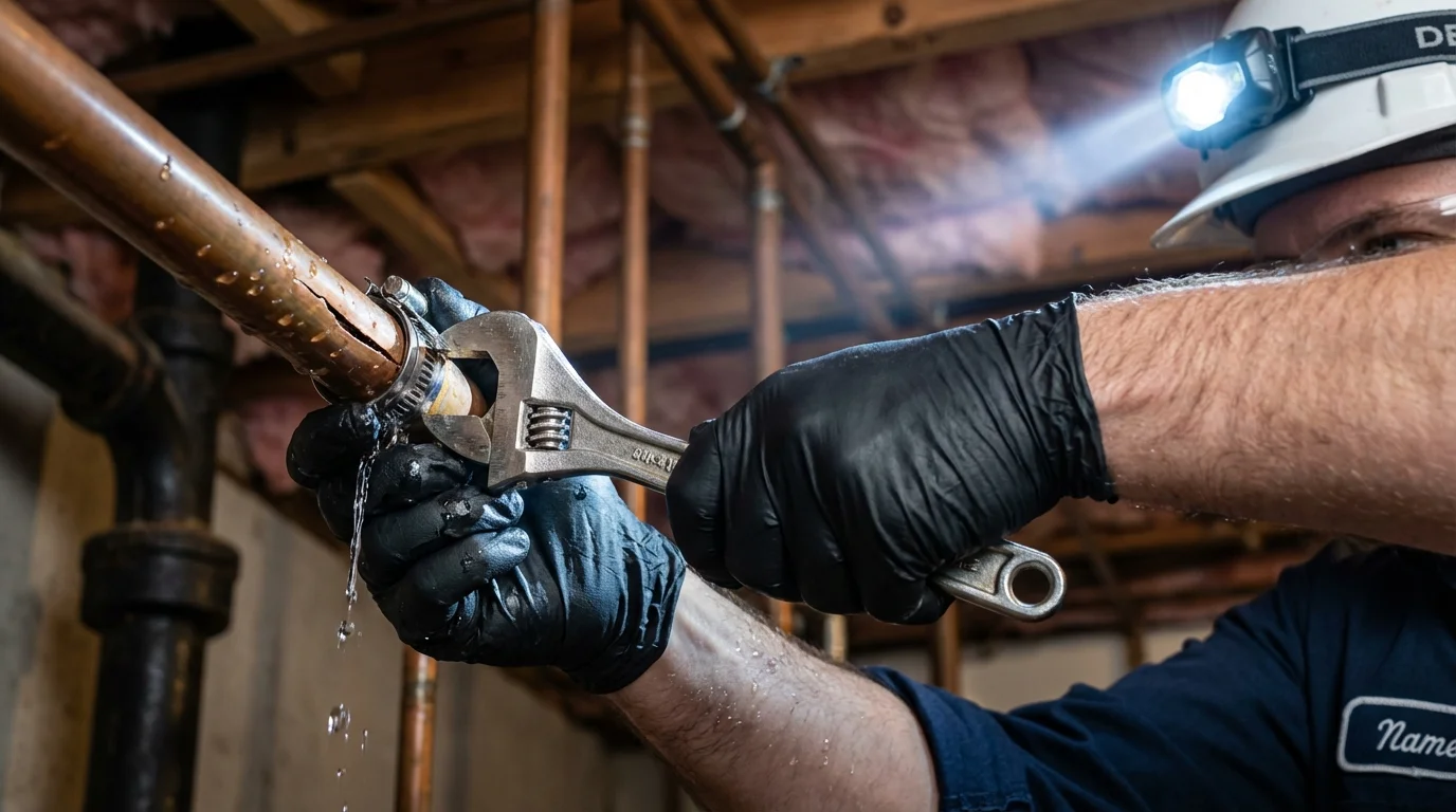 Emergency pipe clamp repair being performed by a Johns Plumbing LLC plumber in Cerro Gordo