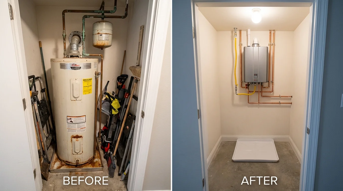 Tank water heater versus wall-mounted tankless unit comparison for Cerro Gordo, IL homeowners