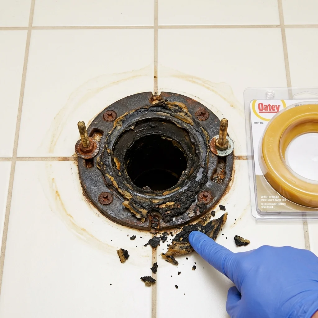 Failed wax ring showing water seepage at the base of a toilet in a Cerro Gordo, IL home