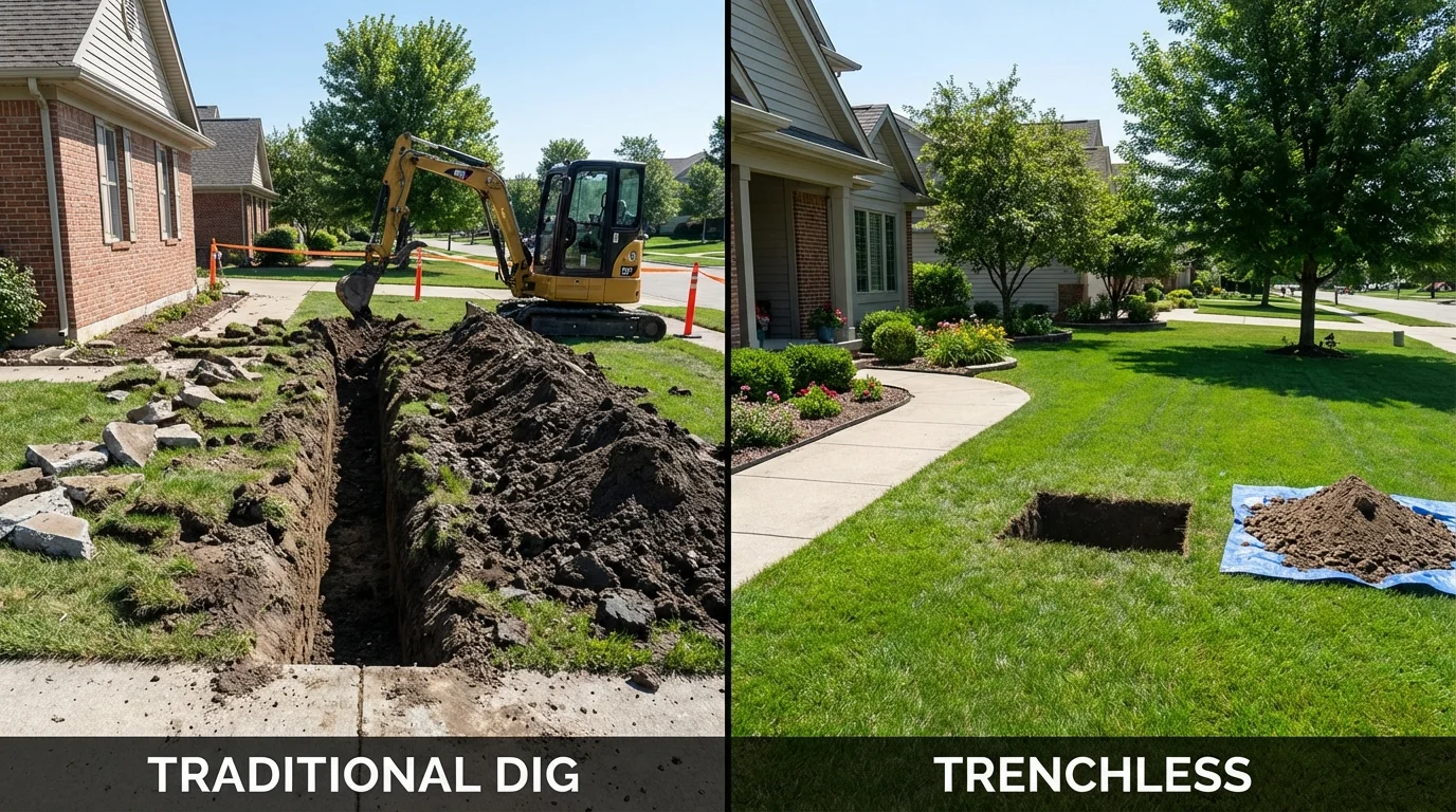 Trenchless sewer repair with minimal yard damage versus traditional excavation in Cerro Gordo, IL