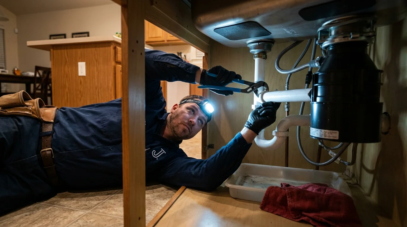 P-trap and supply line connections under a kitchen sink showing a common leak point in Cerro Gordo, IL